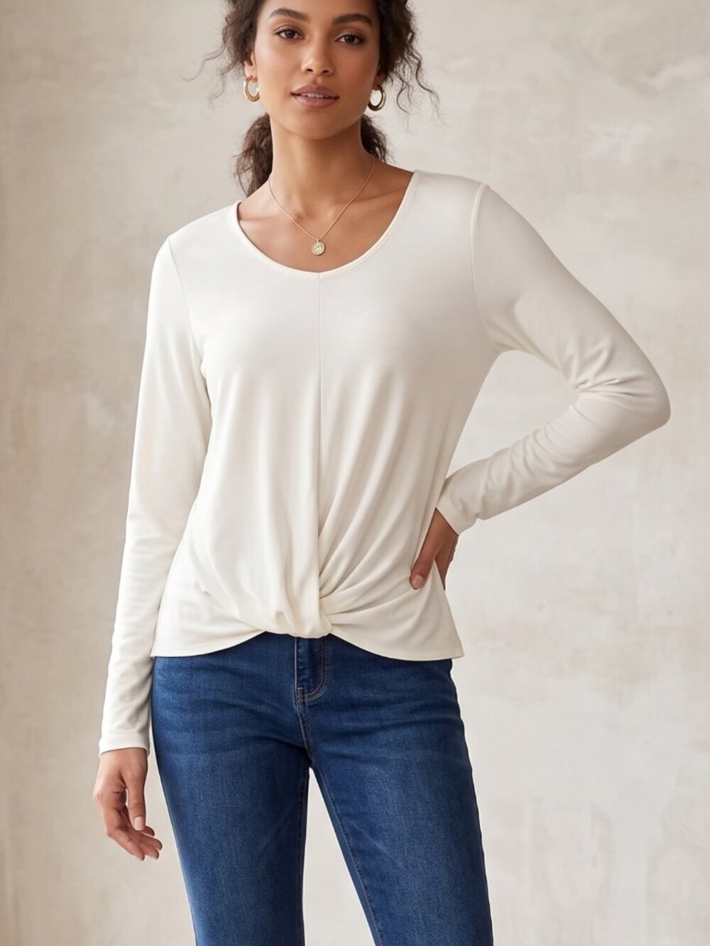 NWOT | Star Vixen Off-White Twist Front Knot Detail Long Sleeve V-Neck Top Large